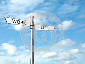 Signpost against blue sky, space for text. Concept of balance between work and life