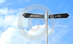Signpost against blue sky, space for text. Concept of balance between work and life