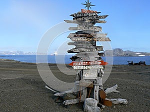 A signpost on the Antarctic peninsula shows distances to various points around the world. Antarctica