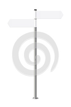 Signpost with blank direction signs on road. Metal pole with white arrow boards vector illustration. Retro steel street
