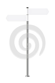 Signpost with blank direction signs on road. Metal pole with white arrow boards vector illustration. Retro steel street post