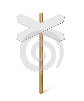 Signpost with blank direction signs on road. Wooden stick with white arrow boards vector illustration. Retro street post