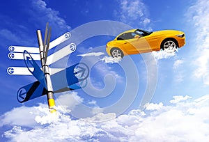 Signpost with car on blue sky background.