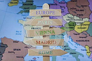 Signpost with the destinations of European cities photo