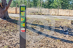 Signpost of different hiking trails in yellow, one with white and red, a path and green leafy trees