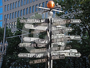 A signpost in downtown Portland, Oregon with distances to locations around the world