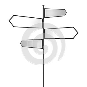 Signpost with four multidirectional white blank arrows. Realistic illustration