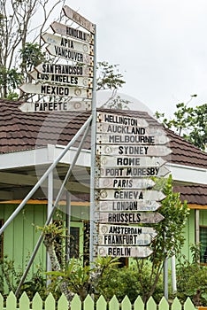 Signpost in a garden in Tonga
