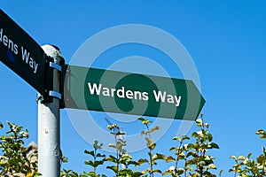 A signpost in Guiting Power pointing in the direction of the Warden`s Way