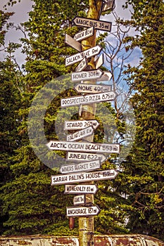 Signpost in Healy Alaska with distances to Magic Bus Nome Seward Sarah Palins House Anchorage and more- Evergreen trees in
