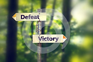 Signpost in a park with arrows pointing in opposite directions Victory and Defeat