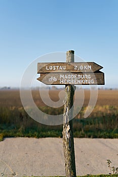 Signpost on the popular Elbe cycle path near Magdeburg in Germany