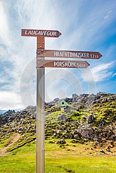 Signpost showing direction to the famous Laugavegur multiday trail in Icelandic Landmannalaugar mountains, Iceland, details,