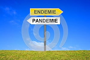 Signpost showing Endemic and Pandemic german