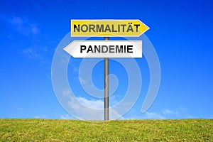 Signpost showing Pandemic and Normality german