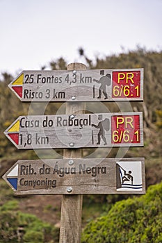 Signpost showing the way to Casa do Rabacal, a famous walk trail for hikers on island of Madeira