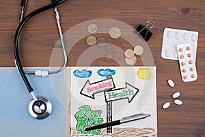 Signpost with Smoking Health text. Doctor's desk with notebook