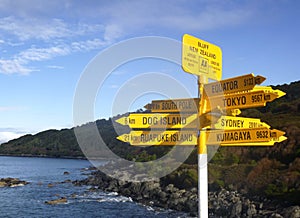 Signpost in the Stirling Point, Bluff, New Zealand.