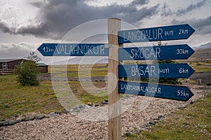 Signpost in the Thorsmork valley, Iceland, giving directions to the Laugavegur trail