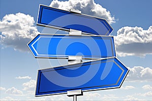 Signpost with three blue arrows, sky in background