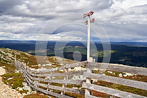 Signpost on the top of the hill, during summer, Trysil, Norway