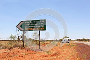 Signpost of an unsealed road to Alice Springs, Australia