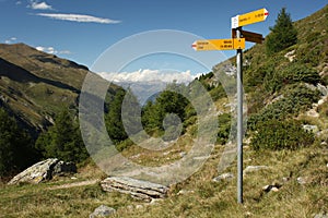 Signpost in valley above Zinal, Switzerland