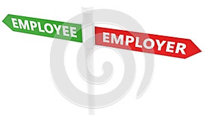 Signpost in white with employer and employee concept photo