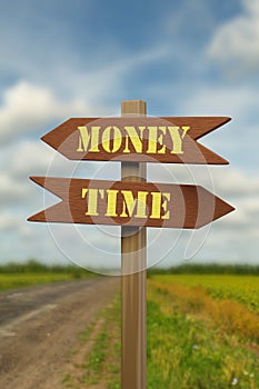 Signpost with the words time and money. 3d illustration