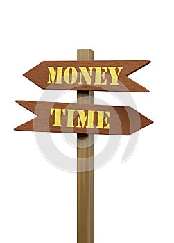 Signpost with the words time and money isolated on white background. 3d illustration