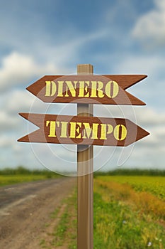 Signpost with the words time and money in spanish. 3d illustration