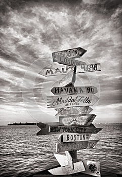 Signposts with cities from all over the world at Mallory Square in Key West
