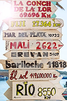 Signposts with directions to different places of the world