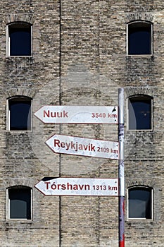 Signposts showing distances from Copenhagen in Denmark