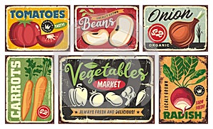 Signs and advertisement collection with farm fresh organic vegetables photo