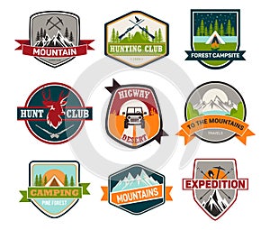 Signs or badges for hunting and climbing, camping