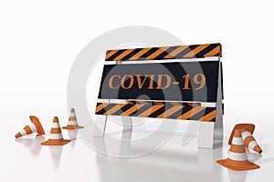 Road sign indicating closure for covid disease 19. 3D Rendering photo