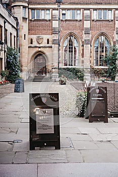 Signs in the courtyard of Pembroke College, Cambridge, UK