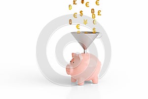 Signs of different coins falling into a piggy bank with a funnel isolated on white background. 3d illustration