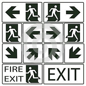 Signs of emergency fire exits. A set of emergency and fire exit indicators, the direction of the emergency exit