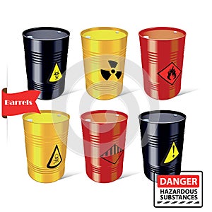 Signs of hazardous substances. Danger. Steel barrels. Vector illustration.