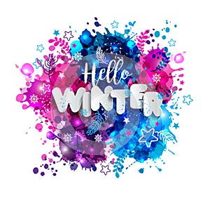 Signs hello winter in paper style on multicolor hand drawn blots