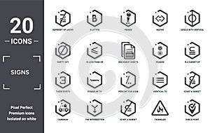 signs icon set. include creative elements as superset of above not equal to, circle with vertical line, reason, percent for hund,