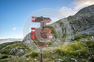 Trail sign on Mount Pania on the Apuan Alps Alpi Apuane, Tuscany, Lucca photo