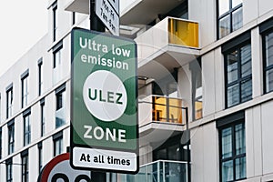 Signs indicating Ultra Low Emission Zone ULEZ on a street in London, UK