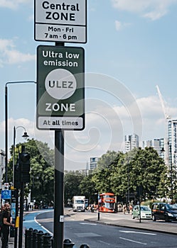 Signs indicating Ultra Low Emission Zone ULEZ on a street in Vauxhall, London, UK