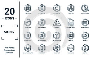 signs linear icon set. includes thin line proportion, square root, is parallel to, for all mathematics, b letter, triangles,