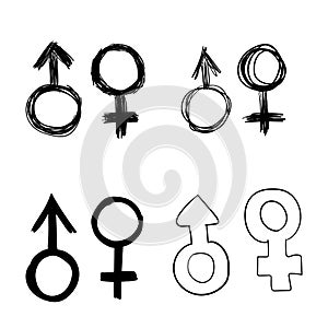 Signs male and female drawn by hand . A set of sketches of gender symbols. Vector illustrations.