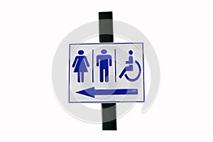 Signs Modern public toilet or bathroom sign white adjacent to brown iron isolated on white background.