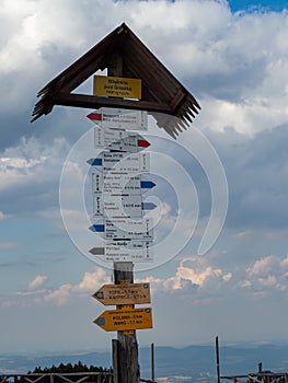 Signs on the mountain trail in the Karkonosze National Park.